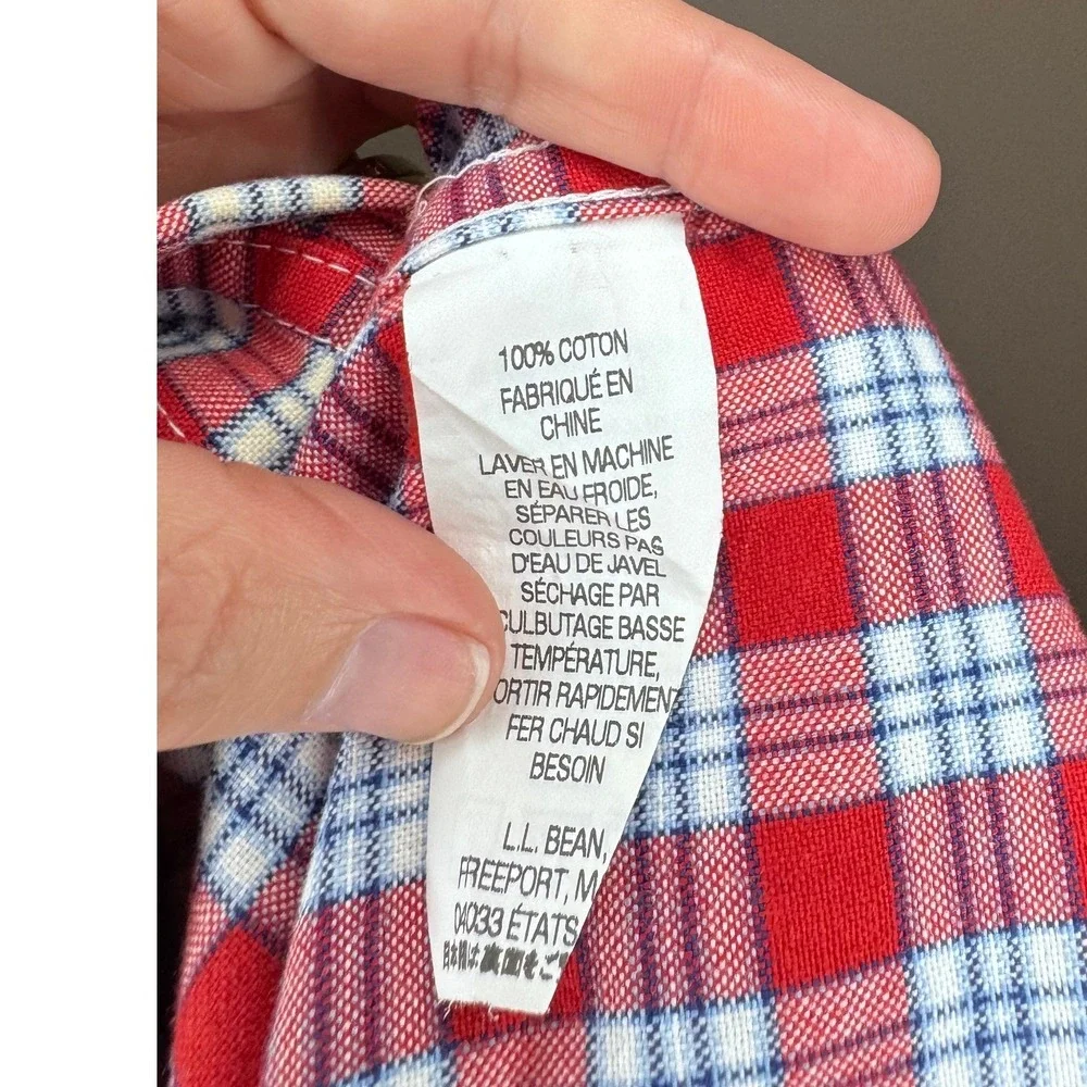 LL Bean Plaid Button Front Shirt Mens Medium Red Blue Cotton